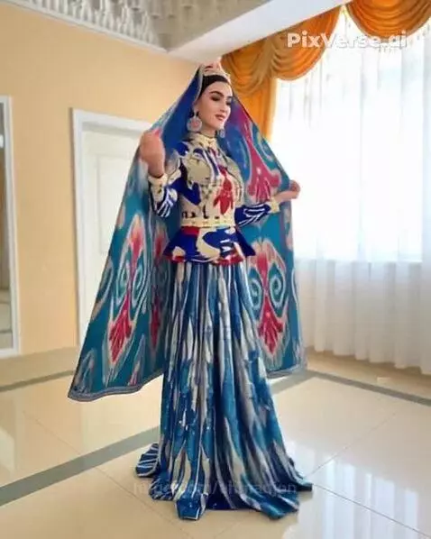 Woman modeling a traditional Uzbek bride dress with blue, red, and white ikat patterns and a matching headpiece.