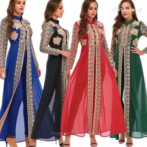 Four women modeling elegant long-sleeved dresses with embroidered tops and flowing overlays.