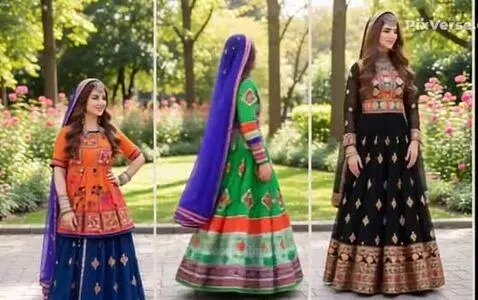 Three women in colorful, embroidered traditional dresses posing in an outdoor garden with pink flowers.