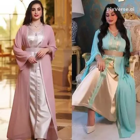 Model wearing elegant pink and blue traditional dresses, split screen view.