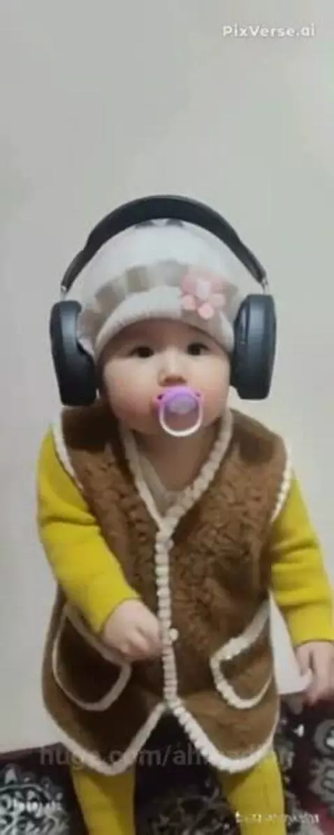 A baby wearing a white hat with a pink flower, large headphones, and a pacifier, dancing enthusiastically.