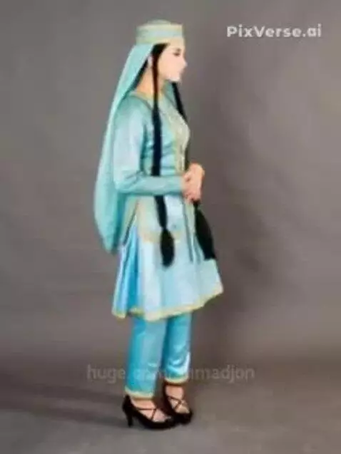 Woman modeling traditional Uzbek national clothing: light blue tunic with gold trim, matching pants, and headscarf.