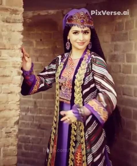 Woman in traditional Uzbek purple dress and embroidered coat dancing gracefully.