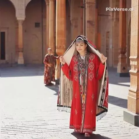 Uzbek bride in vibrant red traditional dress and head covering, adorned with jewelry, performs a deep bow.