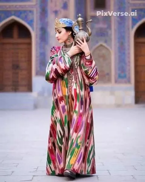Bride in colorful traditional dress and golden headpiece holding a metal pitcher, standing before ornate blue and white tiled building.