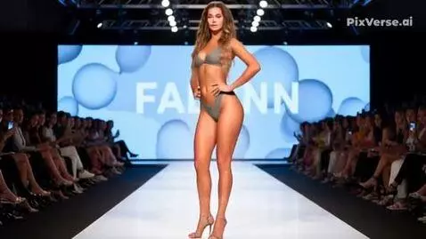 Fashion model in a gray two-piece bikini walking on a brightly lit runway, showcasing the FAINN brand.