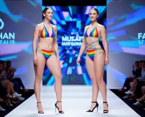 Two female models walk a runway in matching rainbow-striped bikinis, posing under blue and purple lights.