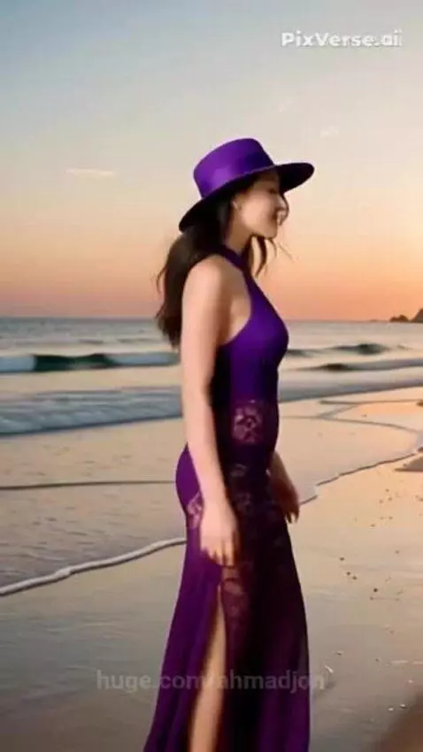Woman in a purple halter dress and wide-brimmed hat walks on a beach at sunset, showcasing her outfit and the ocean.
