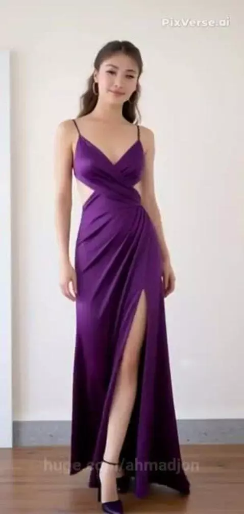 Model with long brown hair wearing a deep purple satin gown with spaghetti straps, V-neck, waist cutouts, and high slit, posing against a white wall.