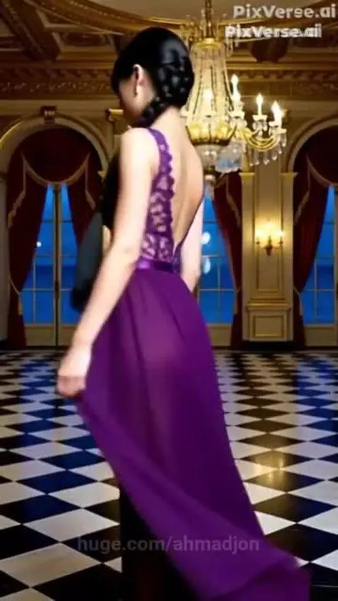 Woman with dark hair in a braid wearing a purple lace gown, posing in an ornate hall with a checkered floor.