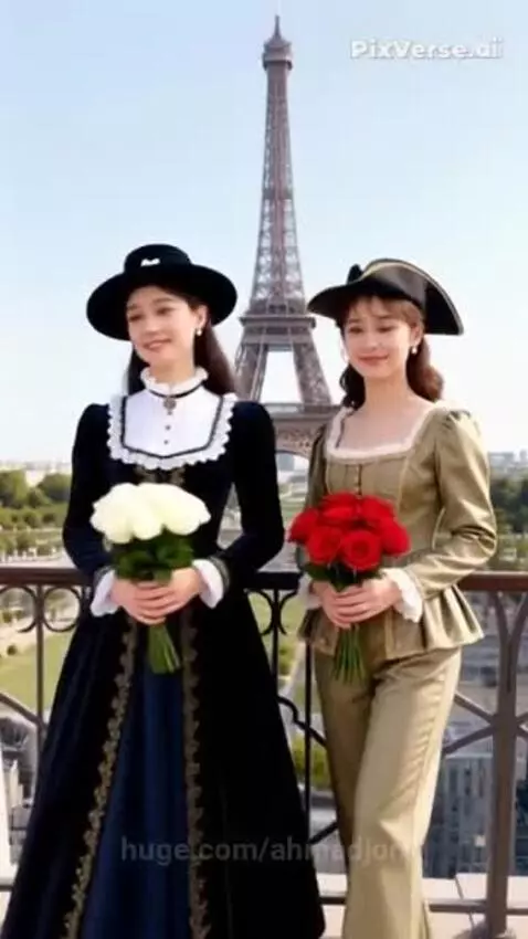 Two women in elegant historical costumes on a Paris balcony with the Eiffel Tower.