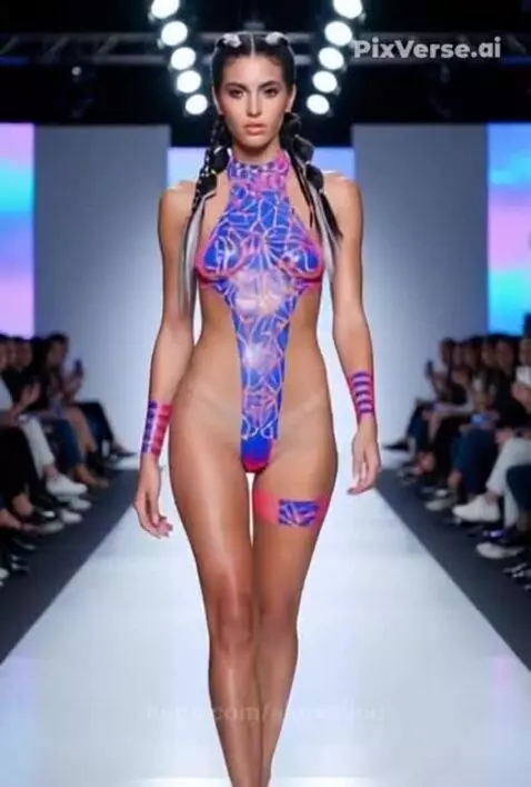 Female model with long braided hair walks a fashion runway, wearing a blue and pink body tape outfit.