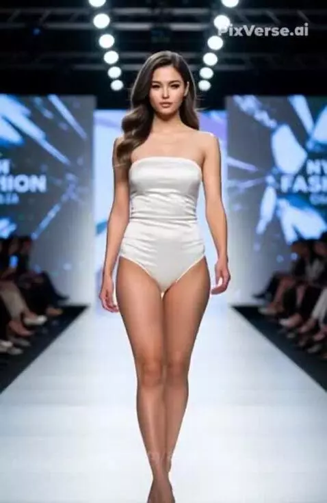 Female model with long wavy brown hair walks confidently on a fashion runway in a white strapless satin bodysuit.