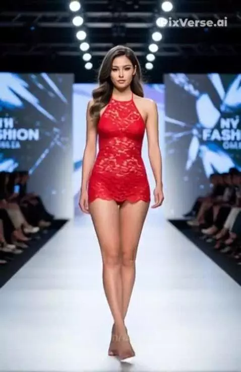 Model in a short red lace halter-neck mini-dress walks down a brightly lit fashion runway with 'NY FASHION' on screens.