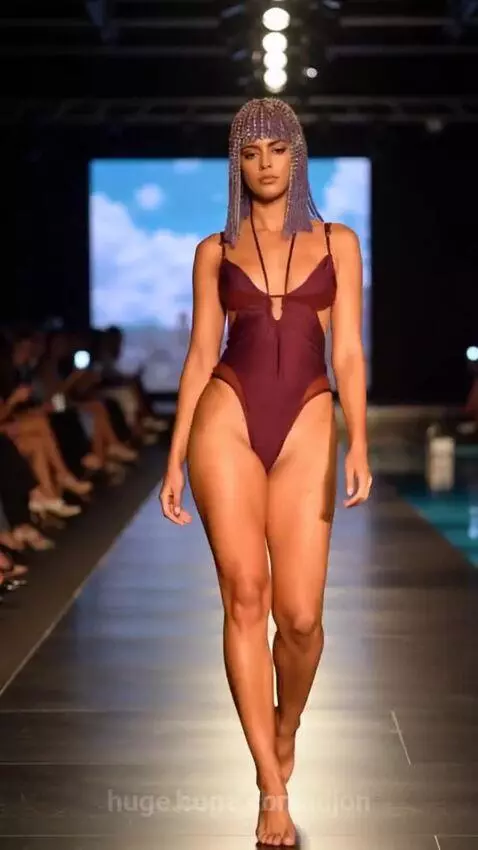 Female model with purple braided hair and headpiece walks runway in a burgundy monokini and high heels.