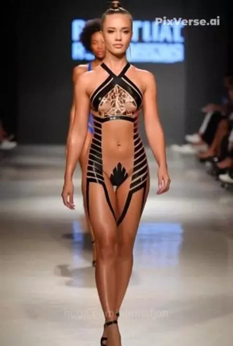 Fashion show runway with two models. One wears a revealing black tape dress with leopard print, the other a blue and gold swimsuit.