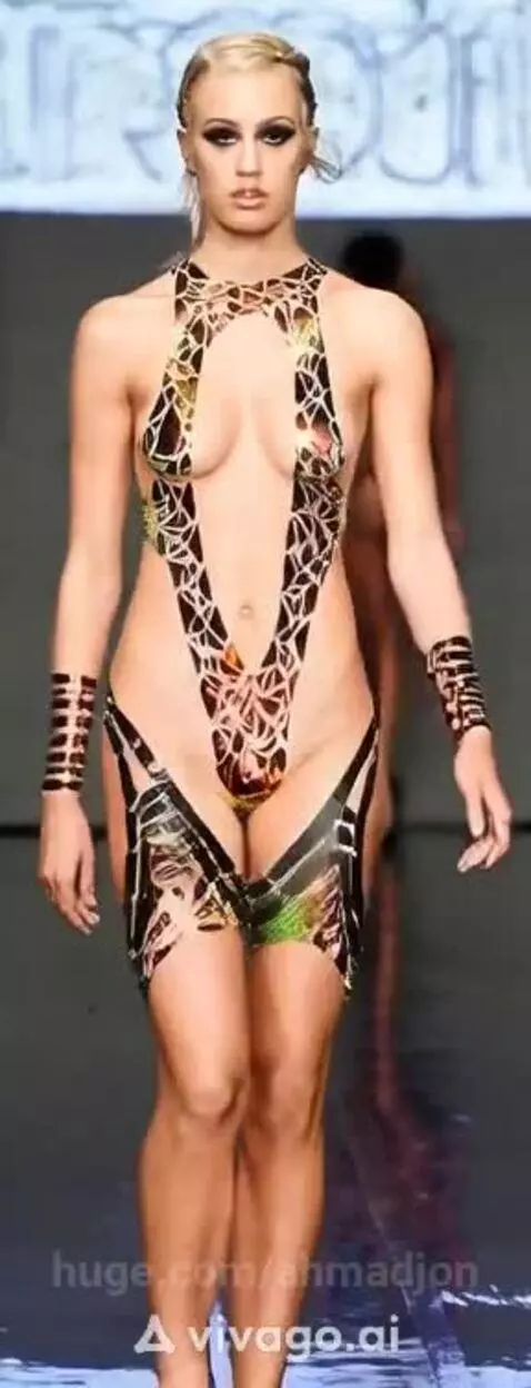 Female model with dark eye makeup walks a runway in a revealing outfit constructed from black and patterned tape.