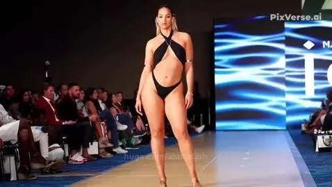 Model on a fashion runway wearing a black high-cut halter-neck swimsuit with a cutout, showcasing the design.