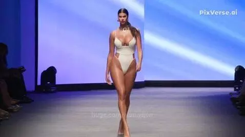 Woman with dark ponytail in a white V-neck swimsuit with side cut-outs walks down a fashion runway.