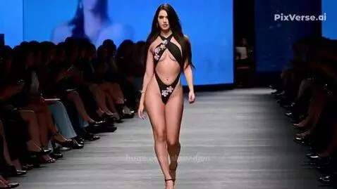 Model wearing a black high-cut monokini with floral embellishments on a fashion runway.