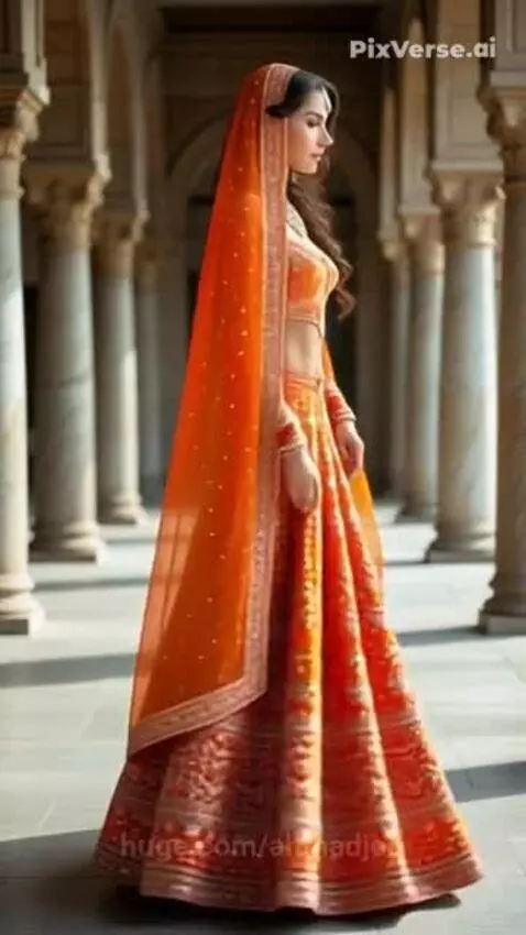 Woman models an orange Indian lehenga choli with gold embroidery, twirling in a grand hall.