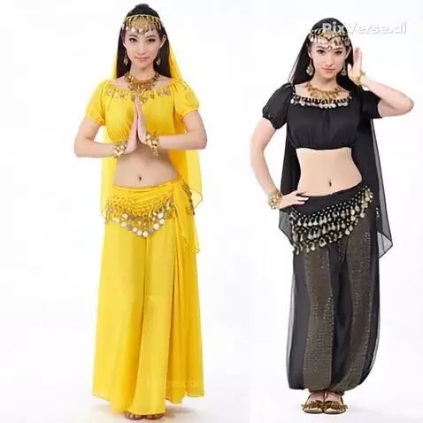 Two women modeling vibrant yellow and elegant black belly dance costumes side-by-side.
