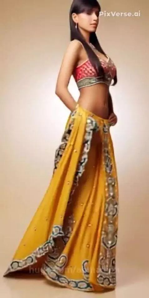 Model wearing a vibrant red and gold choli with a yellow embroidered lehenga and dupatta, posing gracefully.