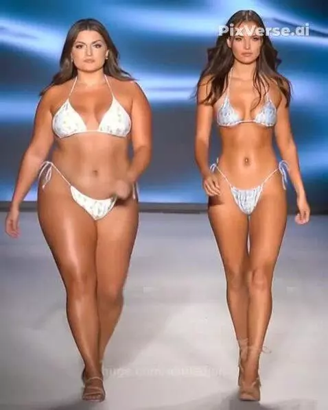 Two women of different body types modeling bikinis on a runway with a blue wavy background.