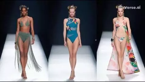 Three female models walk a runway in stylish swimwear during a fashion show.