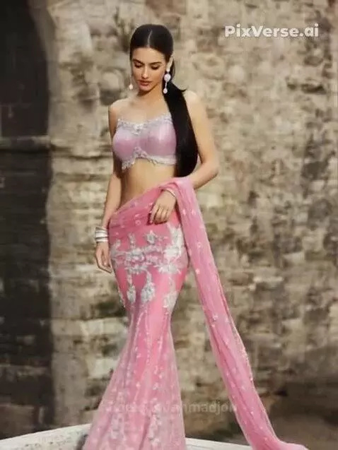 Model with dark hair in a ponytail wearing a shimmering pink embroidered lehenga skirt and strappy crop top, posing against a stone wall.