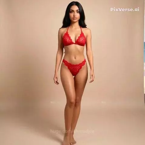 Model wearing a red lace bra and thong poses against a studio background with a beach composite.