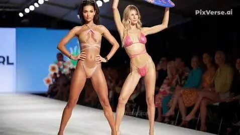 Two models walk a runway in bikinis, one holding a skimboard, during a beach fashion show.