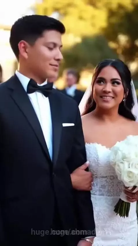 Bride in a white lace gown and groom in a tuxedo smiling and holding hands on their wedding day.