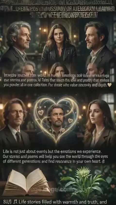 Collage of elegant indoor scenes with people, a glowing heart aura, and an open book, promoting stories and poems.