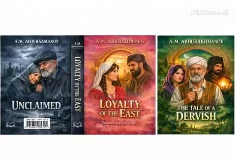 Collage of three book covers by A.M. Abdurakhmanov: 'UNCLAIMED', 'LOYALTY OF THE EAST', 'THE TALE OF A DERVISH'.