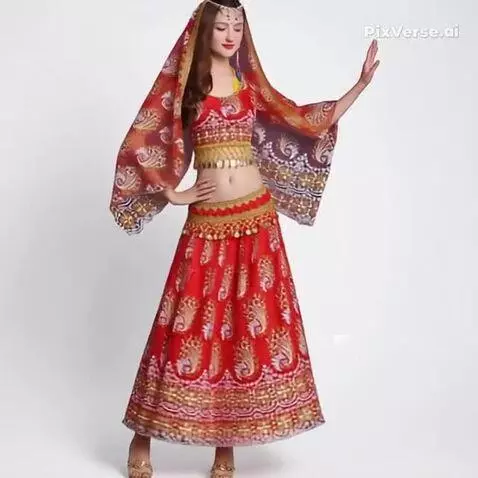 Woman in a red and gold traditional Indian or Middle Eastern dance costume with intricate gold patterns and a sheer dupatta.