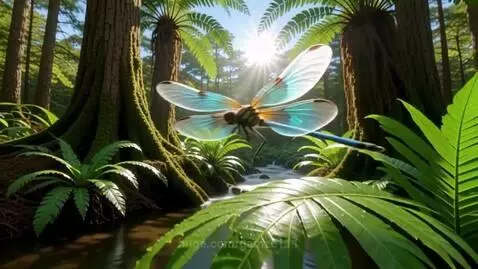 Close-up of a shimmering iridescent dragonfly on a dew-covered leaf, then in flight through a sunlit forest.