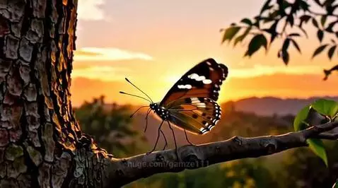 A butterfly with orange, black, and white wings perched on a branch, transitioning into a small grey cartoon dragon with yellow eyes.