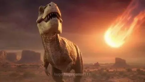A Tyrannosaurus Rex roars as a meteor streaks across a dark sky towards a desert landscape, moments before impact.