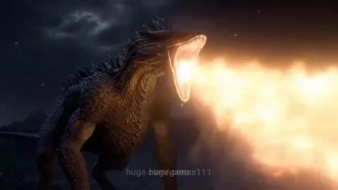 A large, dark dragon with spikes opens its mouth to breathe a powerful stream of fire into a dark, stormy sky.