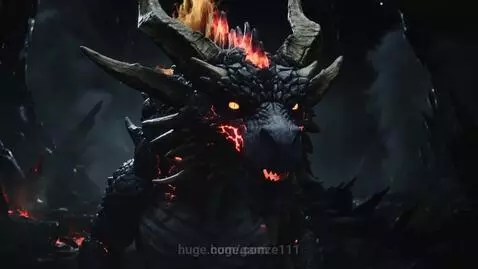 Close-up of a dark-scaled dragon with glowing red cracks, unleashing intense orange fire from its mouth.