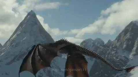 A majestic dragon with large, reddish-brown wings soars over snow-capped mountains under a partly cloudy sky.