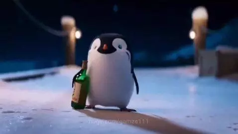 Animated penguin in black and white feathers walking unsteadily on snow at night, holding a green bottle.