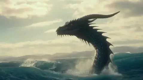 A large, dark sea dragon with horns and spikes emerges from crashing ocean waves, mouth agape with a glowing orange light.