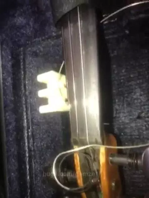 Close-up of a reddish-brown wooden violin with strings and tuning pegs inside a dark case.