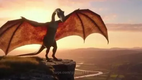 A large, winged dinosaur-like creature with vast wings spread wide, silhouetted against a colorful sunset sky, standing on a rocky cliff.
