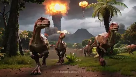 Raptor-like dinosaurs running through a jungle during a volcanic eruption with explosions in the sky.