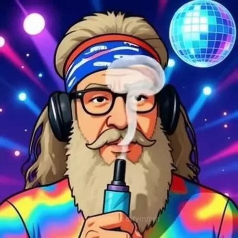 Animated man with beard, glasses, and headphones vaping in a disco, forming 'SeahorsePro' with smoke.