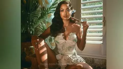 Close-up of Ava with dark wavy hair and glamorous makeup, holding a lit cigar and exhaling smoke.