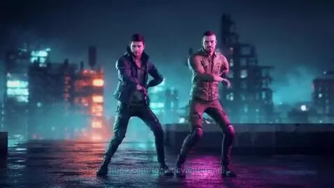 Two muscular men dancing energetically on a wet urban rooftop at night with neon city lights.